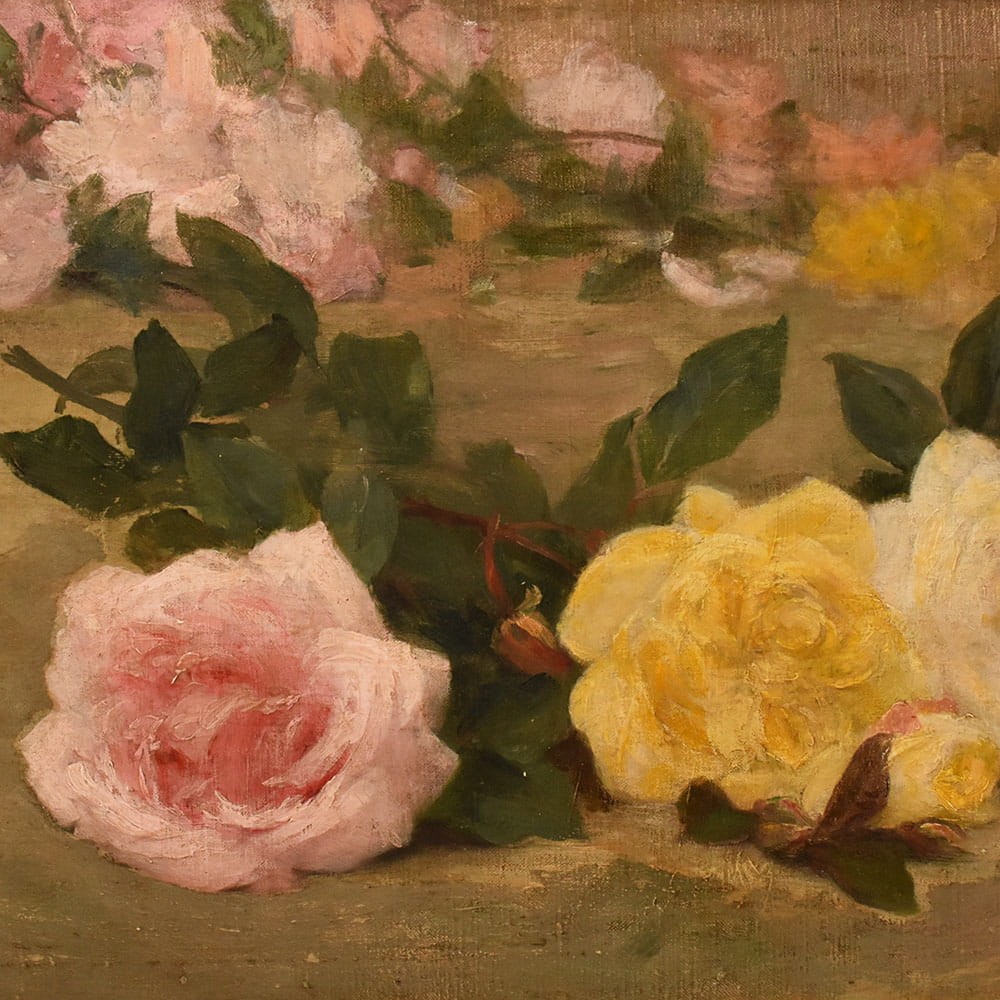 QF782 7a antique floral roses painting flower oil still life XIX